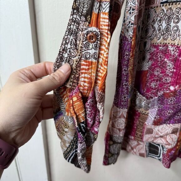 Vintage Islander Patchwork Button Front Boho Long Sleeve Blouse - Picture 2 of 5